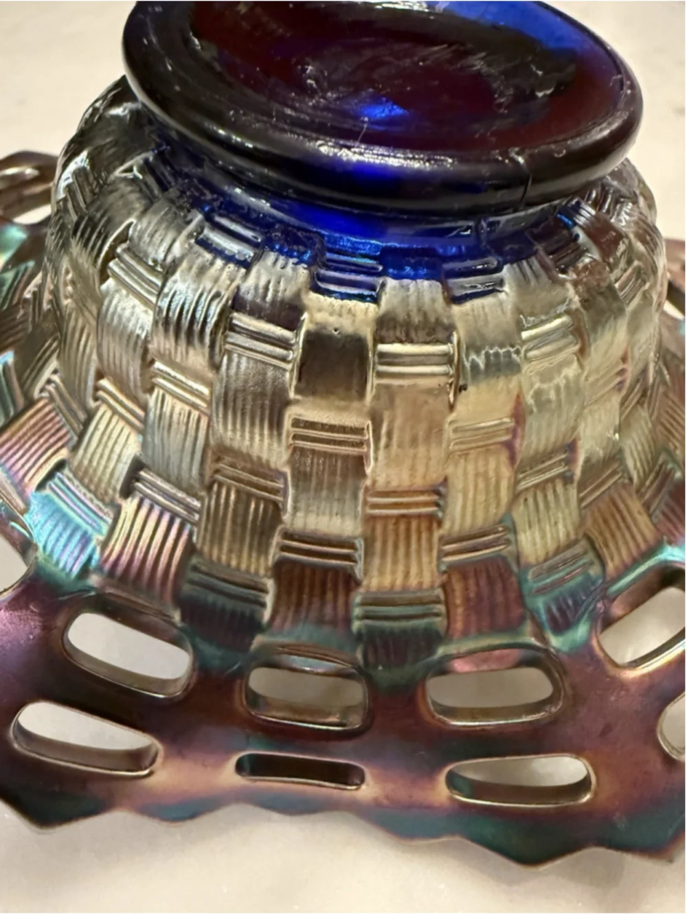 Fenton Cobalt Blue Carnival Glass Basketweave Open Edge Crimped Bowl Vintage